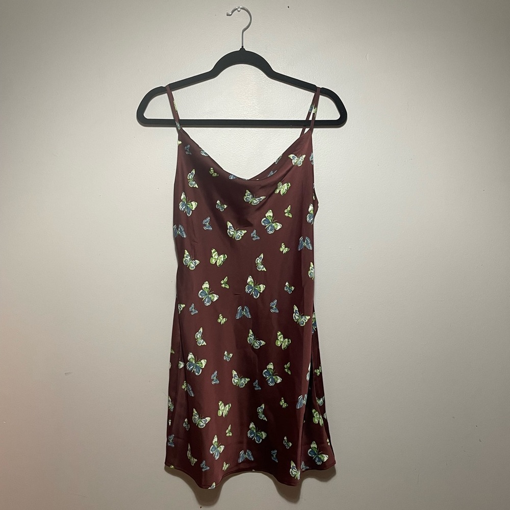 Butterfly Print Satin Cowl Mini Dress